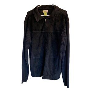 Mens Sz L Black Cubavera Zip Suede Front Ribbed Knit Sweater Jacket Retro EUC